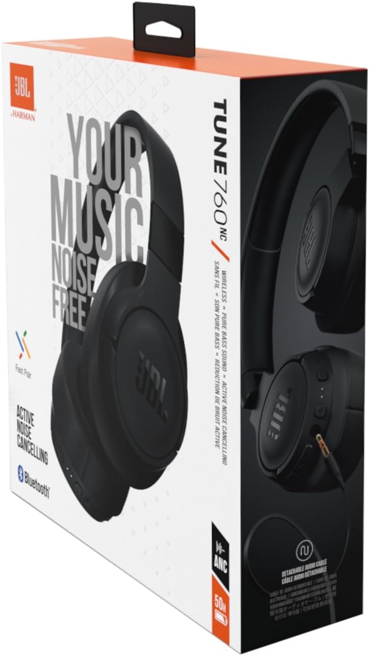 JBL Tune 760NC Over-Ear Headphones - Lightweight JBL Headphones Wireless Bluetooth, Foldable with Active Noise Cancellation - Bulk Packaging - Black