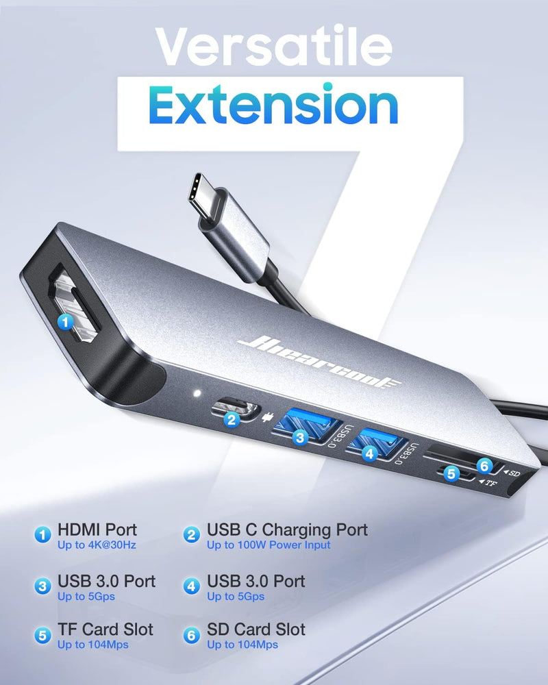 Hiearcool 7-in-1 USB C Hub with 4K HDMI, 100W PD, USB 3.0 and SD/TF Card Reader