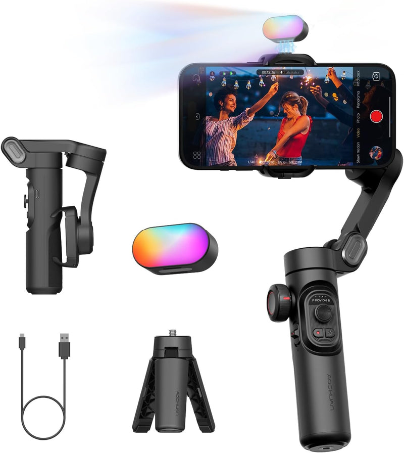 AOCHUAN 3-Axis Gimbal Stabilizer for Smartphone, Gimbal w/RGB Magnetic Fill Light Upgraded Face Tracking Focus Wheel Foldable iPhone Gimbal for iPhone/Android Phone Gimbal Vlog Recording Smart XE Kit