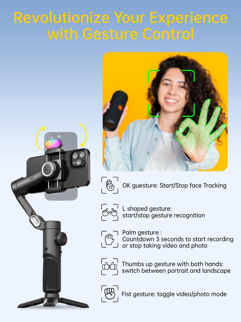 AOCHUAN 3-Axis Gimbal Stabilizer for Smartphone, Gimbal w/RGB Magnetic Fill Light Upgraded Face Tracking Focus Wheel Foldable iPhone Gimbal for iPhone/Android Phone Gimbal Vlog Recording Smart XE Kit