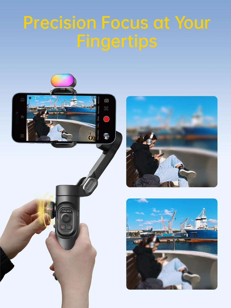 AOCHUAN 3-Axis Gimbal Stabilizer for Smartphone, Gimbal w/RGB Magnetic Fill Light Upgraded Face Tracking Focus Wheel Foldable iPhone Gimbal for iPhone/Android Phone Gimbal Vlog Recording Smart XE Kit